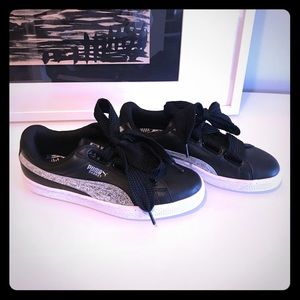 Puma black basket sneakers; silver/glitter accents
